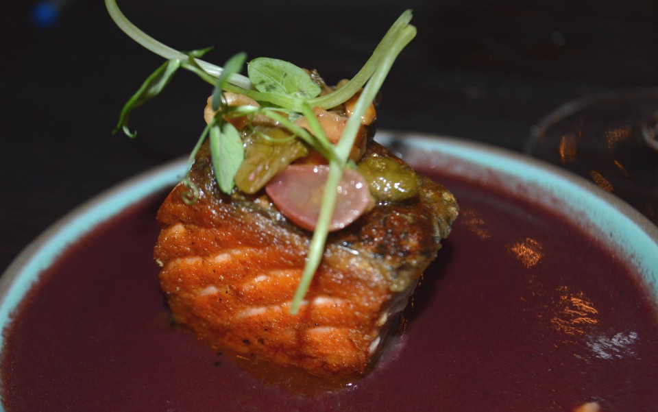 Salmón bañado en salsa de betabel, berries, vino tinto (Gustavo Rodriguez)